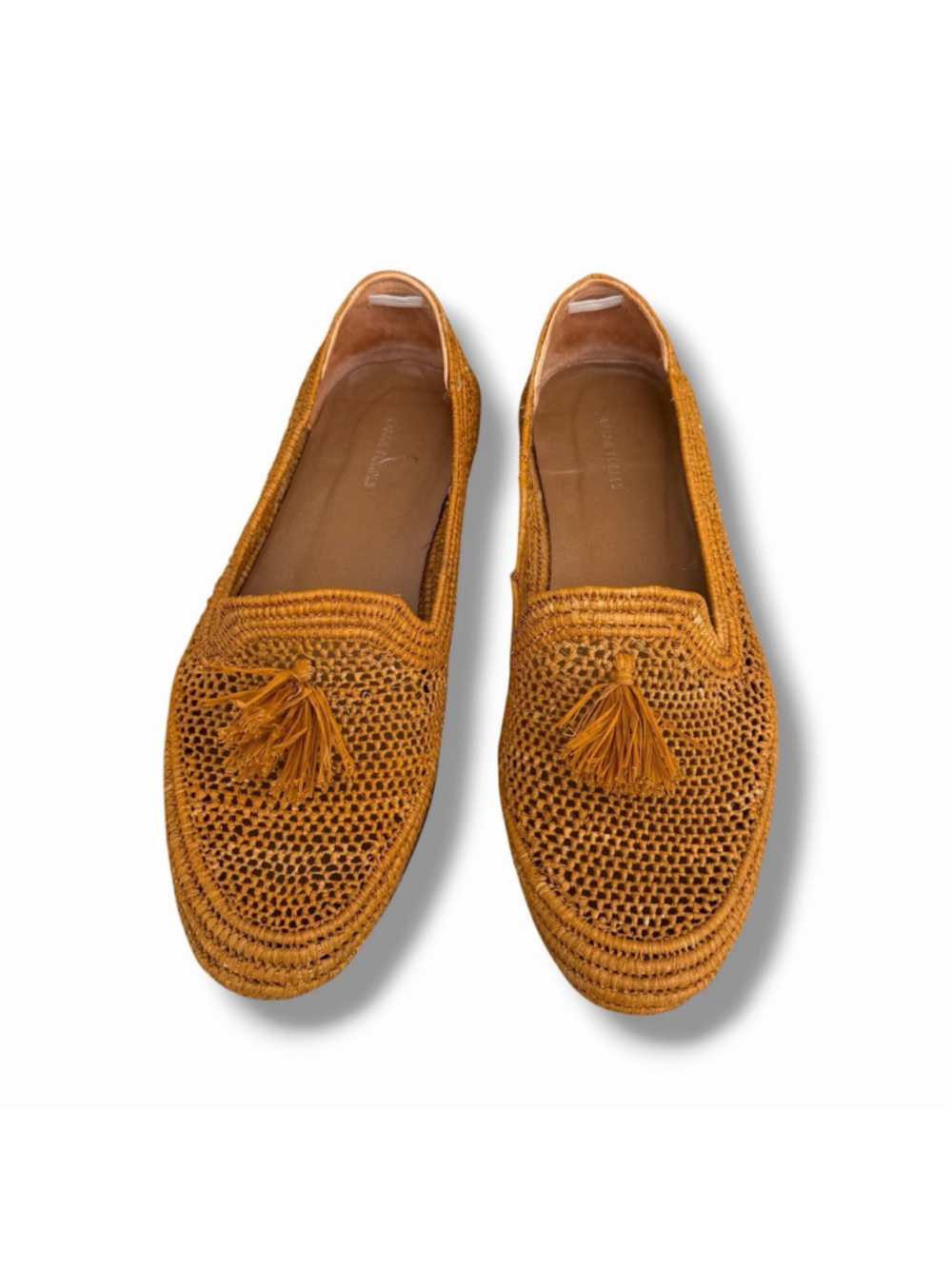 Carrie Forbes Mokka Raffia Tassel Loafers Woven Size 38/8 Mustard Tan Luxury